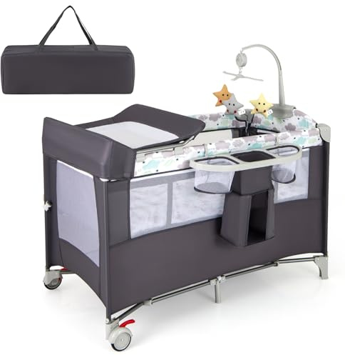 GYMAX Culla 5 in 1 con Fasciatoio, Palestrina, Scatola Musicale, Giochi, da Viaggio per Bambini, Lettino Portatile con Borsa da Trasporto per Neonati e Bambini (Grigio)