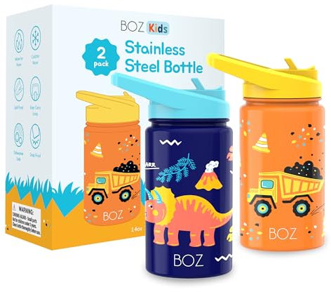 BOZ Isolierte Wasserflasche für Kinder, mit Strohhalm-Deckel, Doppelpack, Konstruktion/Dinos aus Edelstahl, 414 ml, kratzfest und Tragegriff, spülmaschinenfest