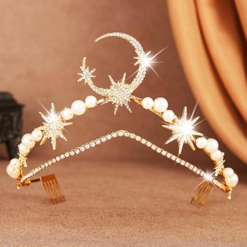 Reaky Stern-Stirnband, Gold-Mond-Kopfschmuck, Perlen-Stirnband, Strass, Braut, Hochzeit, Haarschmuck für Damen (Gold, Einheitsgröße)