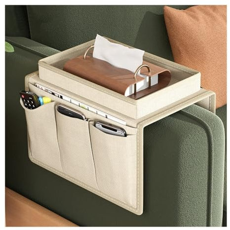 Aufbewahrungstasche for Couch-Armlehnen, Sofa-Armablage, Sofa-Aufbewahrungstasche, Wohnzimmer-Sofa-Armlehnen-Organizer for TV-Fernbedienung, Handy, for Aufhängen von Kaffeetassen, Taschentüchern(Beige