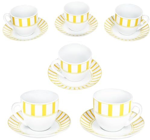 MamboCat Split Lot de 6 tasses à café avec soucoupes jaunes pour 6 personnes I Service en porcelaine blanche avec rayures pour le petit-déjeuner et le café I 6 tasses à thé de 200 ml et 6 soucoupes