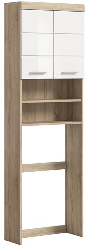 furnling Waschmaschinenüberbau Scott, weiße Hochglanz Front, 2 offene Fächer, 2 Türen, Waschmaschinenschrank mit 3 verstellbaren Einlegeböden, Breite 63 cm, Korpus Sonoma Eiche
