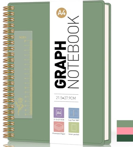 PYNEX Ringbuch Notizbuch A4 Kariert, 21.5 x 27.9cm, Leichtgewicht Notizbücher, Checkered block, 100gsm, Büro, College, Forscher, Geschäftsleute Salbei grün