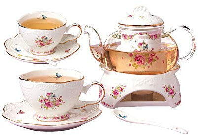 YBK Tech Service à thé en porcelaine anglaise pour 2 personnes avec infuseur à thé chaud et motif floral élégant Théière, tasse et soucoupe (Motif II)