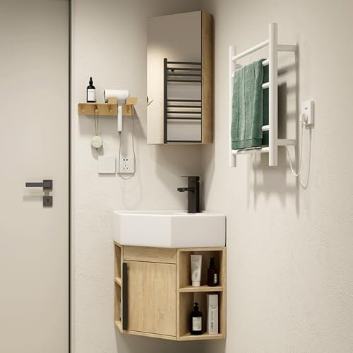Eckwaschbecken mit Wandhalterung und Aufbewahrungsbehälter und Schrank, Keramik-Eckwaschtisch für Küche, Badezimmer, WC, Natur, 45 cm