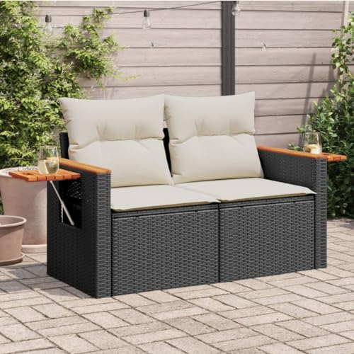 IKAYAA Divano da Giardino 2 Posti con Contenitore Divanetto da Esterno 2 Posti Salotto da Giardino in Polyrattan con Cuscini per Seduta e Schienale-Nero e Bianco-con Contenitore