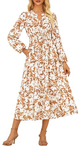 Damen Langarm Kleid Hochzeitsgast Maxikleid Elegant Blumenkleid A-Linie V-Ausschnitt Herbst Kleid Orangegelb Beige Blumen L