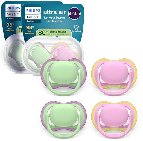 Philips Avent chupetes ultra air: diseño anatómico, para bebés de 6 a 18 meses, tetina simétrica de silicona suave, sin BPA, 2 estuches esterilizadores, paquete de 4, SCF087/25
