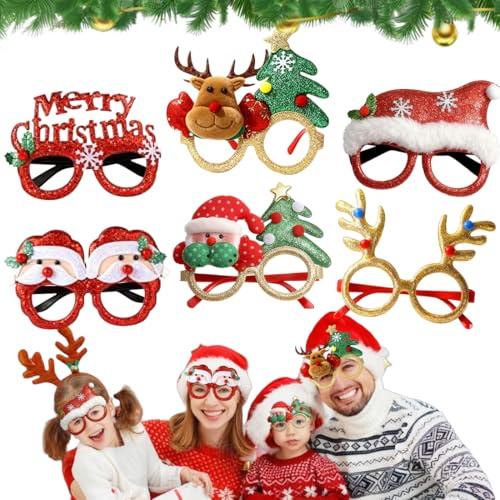 Thryviel Weihnachtsbrille, 6Pcs Kreative Weihnachtsbrille Set,Gläser für die Weihnachtsfeier, Lustige Party Brillen Foto Requisiten Maskerade Masken Kostüm Dekoration für Weihnachten Karneval Party
