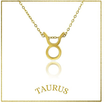 18K Gold Plated Stainless Steel Zodiac Necklace with Gift Box Dainty Horoscope Sign Pendant Jewellery for Women & Men, Birthday, Anniversary, Christmas, Graduation, or Mother’s Day Gift (Taurus)