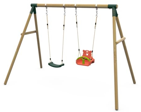 Plum Play Kids Outdoor Wooden Round Pole Garden Swing Set with Ground Anchors- Safe Sturdy A Frame-Up to 50kg user per accessory - Up to 5 year Warranty (Double Frame with 3 in 1 Baby Seat)