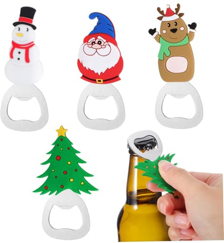 VERDANVERSE Apribottiglie Portatile a Tema Natalizio in Silicone Manico Flessibile, Apriscatole Professionale Per Birra e Cucina, Set 4 Pezzi Per Feste Di Natale e Uso Domestico