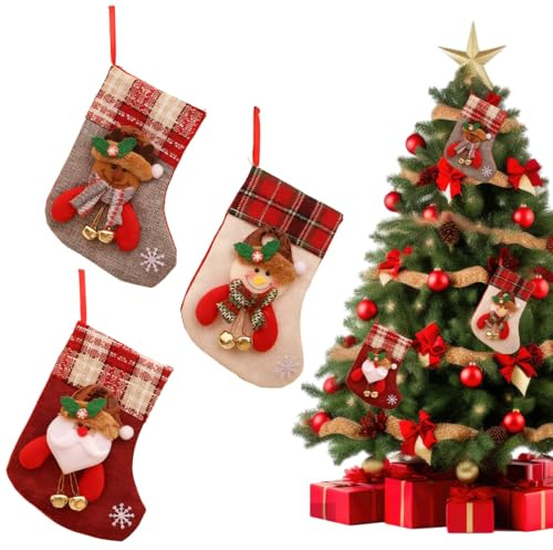 JYNXOR 3 Pieza Calcetines de Navidad Chimenea, Calcetines Navidad para Colgar de Yute Calcetines de Papá Noel Medias de Navidad, Bolsas de Regalo Calcetin Navideño para Decoracion Árbol de Navidad