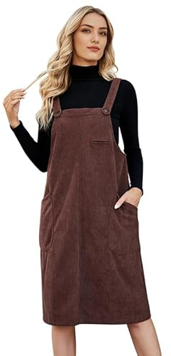 Runstarshow Corduroy Pinafore Dresses for Women UK Ladies Casual Sleeveless Overall Dress with Pockets Loose Fitting Autumn Winter Clothes Plus Size 8-18 (XS-XL) Brown