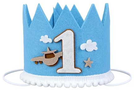 Kreatwow Partyhut für den 1. Geburtstag, Dekoration für den 1. Geburtstag, Kronenhut, Luftfahrt, Partyzubehör, Zeitfliegen, Dekorationen, Flugzeug, Abenteuer, Thema, blauer Himmel, Wolkendekor für