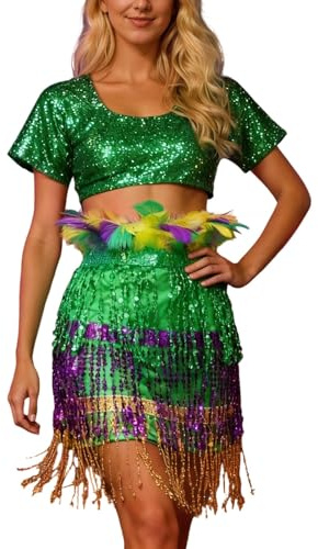 Jupe verte à paillettes pour femme - Costume de danse du ventre - Mini jupe de cowgirl - Costume de carnaval - Robe de danse - Tenue rave - Foulard à franges - Jupe à franges, O violet, taille unique