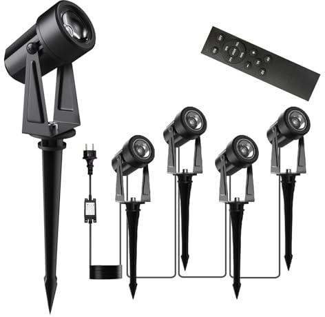 Gartenbeleuchtung LED, 17m 27V Dimmbarer LED-Strahler mit Fernbedienung/Timer/4 Lichtstufen, IP65 Wasserdichter Gartenstrahler, 3000K Gartenleuchten , Gartenlampen für Außen, Garten, Hof (4 in 1)