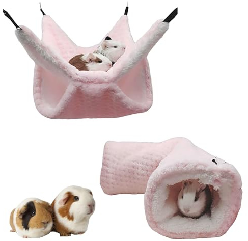 2 Stück Meerschweinchen Hängematte Tunnel Set, Doppelschicht Hängematte Meerschweinchen Tunnel aus Weichem Plüsch, Hamster Zubehör für Kleintiere wie Hamster Frettchen Chinchillas Ratten (Rosa-2pcs)