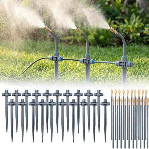 Sistema de riego automático de 360° con estaca para mangueras de 6 mm, riego por goteo de jardín, 20 cabezales de pulverización + 20 conectores en T para bancal, césped, invernadero, terraza, plantas