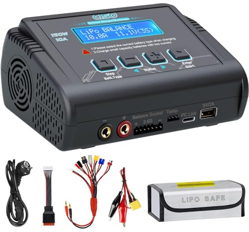 HTRC C150 LiPo-Ladegerät 150W 10A, RC-Akku-Ladegerät für LiPo/LiHV 1–6S | Balancer für Li-Ion/LiFe 1–6S, NiMH/NiCd 1–15S und Pb 2–20V; AC/DC, Entladefunktion, 20 Speicherplätze & 8-in-1-Ladekabel