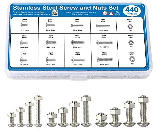 MMOBIEL 440 pcs Vis et écrous en acier inoxydable ISO 7380-2 Vis à tête creuse hexagonale 15 tailles M3 M4 M5 Tête creuse hexagonale avec clés