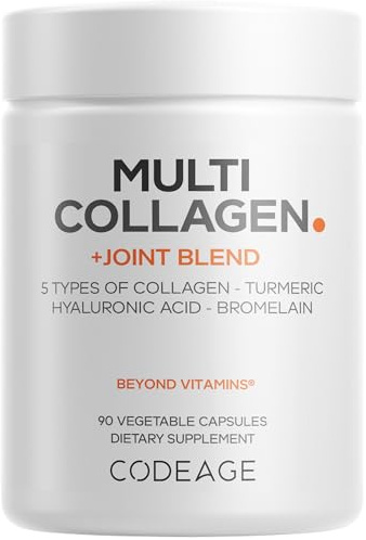 Codeage Multi Collagen Protein + Joint Blend Supplement, Hyaluronic Acid, Bromelain, Turmeric, Ginger, Boswellia, Astaxanthin - Hydrolyzed Bovine Collagen - 5 Collagen Types - Non-GMO - 90 Capsules