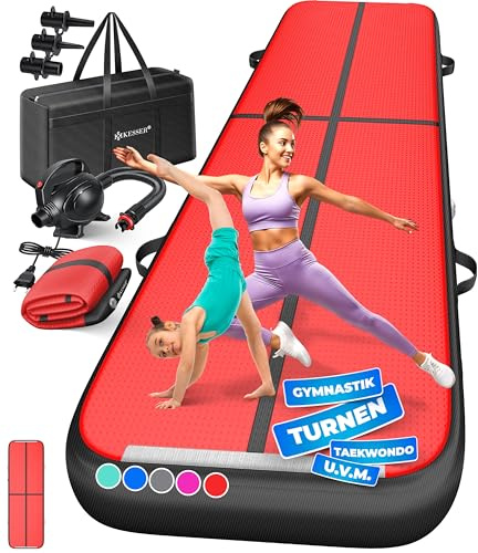 KESSER® Turnmatte Aufblasbar Airtrack 2m/3m/4m/5m/6m Fitness-Matte Gymnastikmatte | inkl. Tragetasche & elektr. Luftpumpe | Yogamatte, Tumbling Matten, Trainingsmatte, Turn- & Fitness
