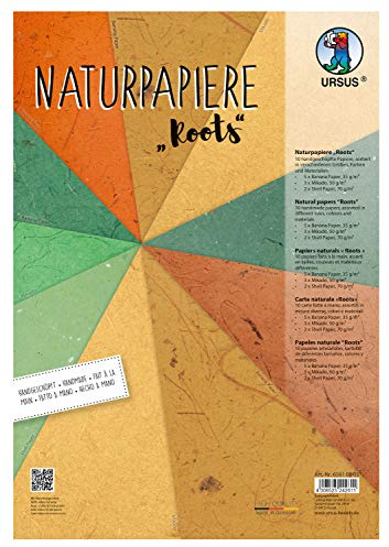 Ursus 61610005 - Naturpapiere Roots, 10 Blatt, in verschiedenen Größen, Farben und Qualitäten, mit Muschelpapier, Mikado, Bananenpapier, für kreative Bastelarbeiten, bunt
