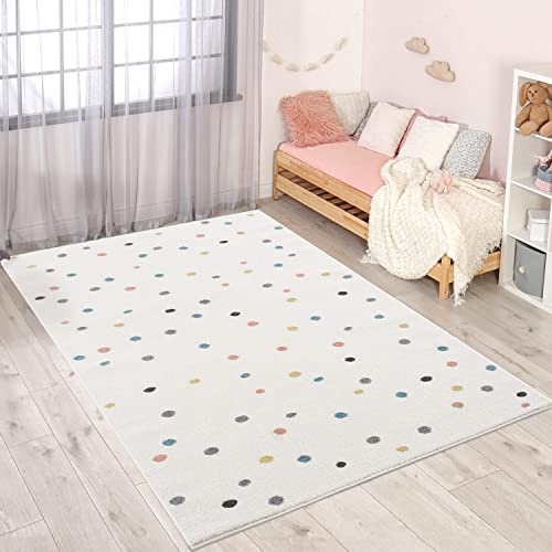 carpet city Teppich Kinderzimmer Punkte - 160x230 cm - Creme mit bunten Pastell-Pünktchen, moderner Kinderteppich, weich & gemütlich