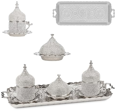 Alisveristime Ottoman Türkisch Griechisch Arabisch Espresso Kaffeetassen mit Untertasse und Deckel (Kristallset) (2er-Set) (Silber)