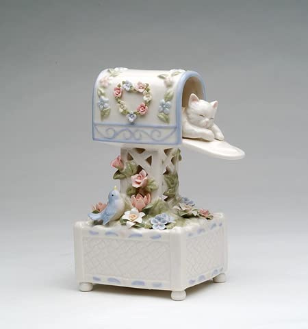 Cosmos Gifts Fine Porcelain Cat in Mailbox with Flowers Music Box Figurine, 7 in