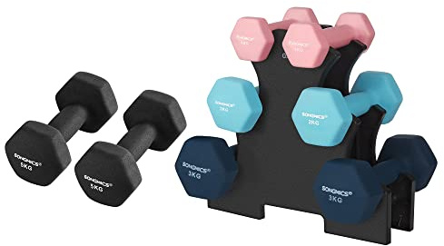 SONGMICS Hantlar, hantelset 2 x 5 kg, hantlar med hantelställ 2 x 1 kg, 2 x 2 kg, 2 x 3 kg, styrketräning, hemma, på kontoret, gym, svart, rosa, akvamarin och blå SYL60MK