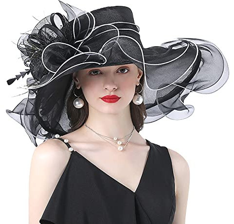 Qchomee Damen Sommer Hut Schwarz Organza Sonnenschutz Fascinator Braut Hochzeit Strand Kirche Party Bowler Hut Sommerhut