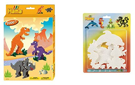 Hama Perlen 3434 Geschenk-Set Dino mit ca. 2.000 bunten Midi Bügelperlen mit Durchmesser 5 mm, Stiftplatte & 4584 Große Stiftplatten 4er Set für Midi Bügelperlen mit Durchmesser 5 mm