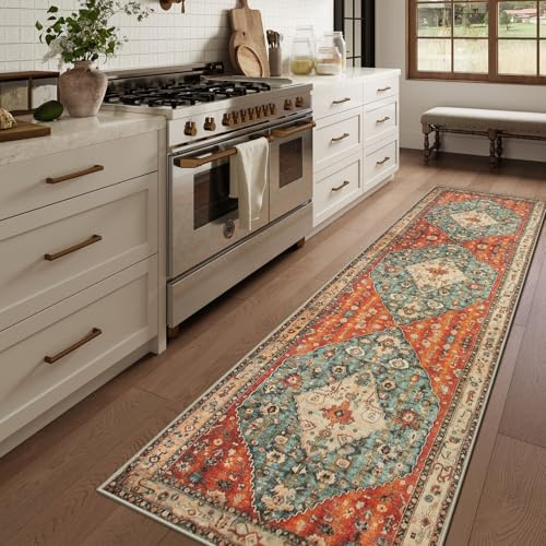 Lahome Felice Boho Tribal 2'6 x 10' Washable Runners for Hallways, Oriental Kitchen Runner Rugs Non Skid Washable, Oriental Soft Long Stair Carpet Runner for Living Room Bedroom, Rust/Dull Teal