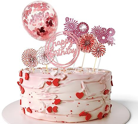 Birthday Cake Decoration, Rose Gold Personalised Firework Cake Topper for Women Girls, Confetti Balloon Cake Topper with Stars Paper Fans for Rose Gold Theme Party Birthday Cake Decoration
