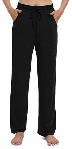 EXCHIC Dam dragsko casual byxor stretch hög midja lösa raka ben byxor joggingbyxor med fickor, Svart, M