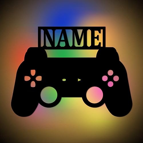 Urhome Gaming Controller Stimmungslicht LED RGB Farbwechsel USB + Fernbedienung - Name personalisiert - Holz Zimmer Beleuchtung Gamer Lampe Wanddeko für Kinder Jungen Männer PC Konsole Spieler