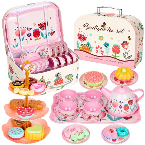 Hnyoou Tea Set for Toddlers,33 Pcs Kids Tea Set Tea Sets for Children,Tea Party set for Children Kids with Food Dessert Tray Teapot Kitchen Accessories for Boys Girls Pretend Play Age 3 Years