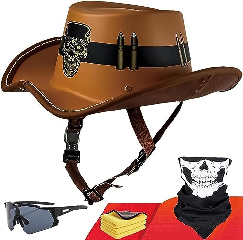 Motorrad-Halbhelm Für Erwachsene, Persönlichkeit, Vintage-Halbhelm (Handtuch + Sonnenbrille + Maske), Offener Motorradhelm, DOT-Zugelassener Retro-Western-Cowboyhut-Helm