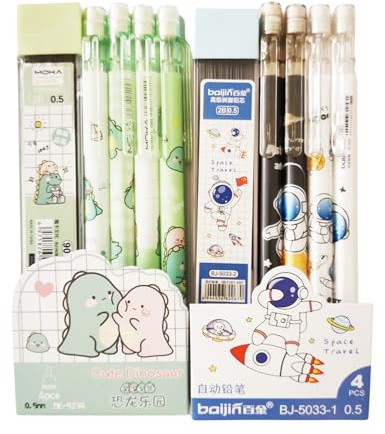 8PCS Niedlich Druckbleistifte, Bleistiftminen 0,5MM Druckbleistift Set mit 2 Box Ersatzminen（Dinosaurier+Astronaut）