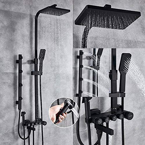 HADWAO Luxus Duscharmaturen Set Weißgold, Schalter 5 Funktionen, Wandmontage, Regenduschkopf mit Handbrause, Wannenauslauf Bidet, Schwarz matt