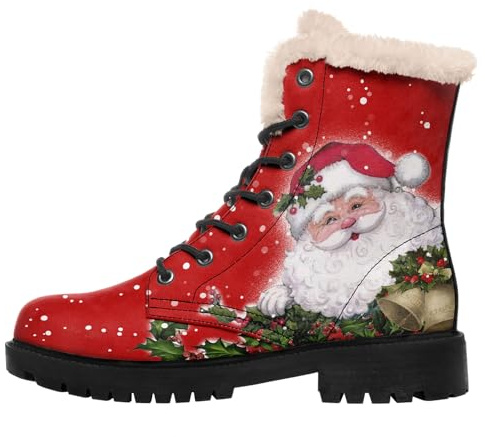 coolcustomize Womens Winter Boots,Custom Christmas Snow Boots Cute Santa Claus Print Fur Boots For Women Waterproof Slip On Warm Winter Snow Boots