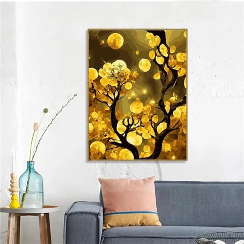 Yoonqun Malen Nach Zahlen Erwachsene,Goldener Baum Landschaft DIY Ölgemälde auf Leinwand Erwachsene Kinder Ölgemälde Kit mit Pinseln und Acrylfarbe für Home Décor (ohne Rahmen) 40x50cm
