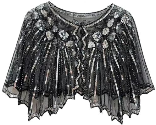 VILOREE Damen Umschlagtücher Stola für Abendkleid 1920s Retro Schal Hochzeit Party Braut Schal Gatsby Kostüm Accessoires Schwarz & Silber (58)