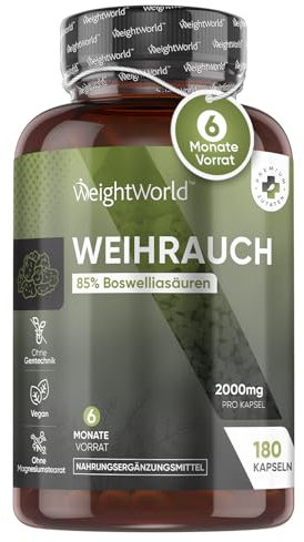 Weihrauchkapseln - 2000mg Boswellia Pulver je Kapsel - 400mg Weihrauch Extrakt - 85% Boswelliasäuren - 180 Kapseln für 6 Monate - Indischer Weihrauch - Vegan & Frei von Magnesiumstearat - WeightWorld
