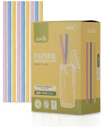 Sugrör papperssugrör engångssugrör i kartong (150, pastellgul röd blå, 20 cm – Ø 8 mm)
