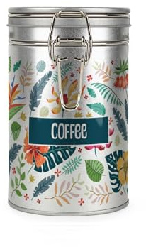 Purely Home Tropical Flowers Coffee Canister - Silver Metal Clip Lid Kitchen Food Storage Jar/Container 600ml (14cm x 8.5cm)