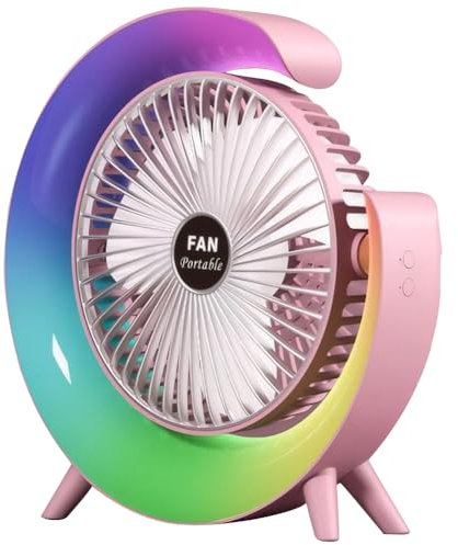 BomKra USB Desk Fan with RGB Mood Light, 3 Speeds Quiet Portable Table Fan, 1800mAh Rechargeable Fan, 180°Adjustment Desktop Fan, Small Fan for Home Office Bedroom Outdoor (Pink)