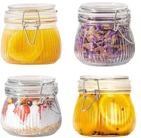 LOMUG 4 vasetti per conserve con chiusura a leva, 500 ml, per fermentazione a righe, con coperchio, ermetici, per cucina, pasta, zucchero, fagioli